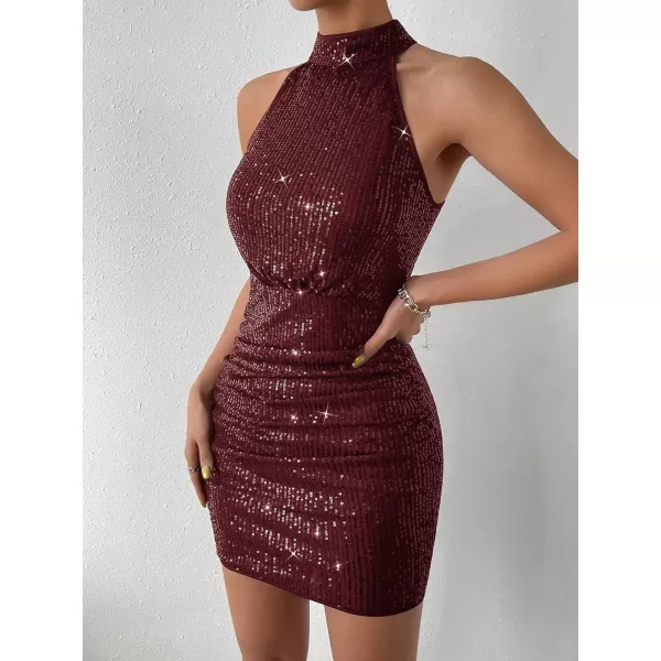 WDIRARA Women's Sequin Sparkly Halter Neck Sleeveless Ruched Bodycon Party Mini Dress