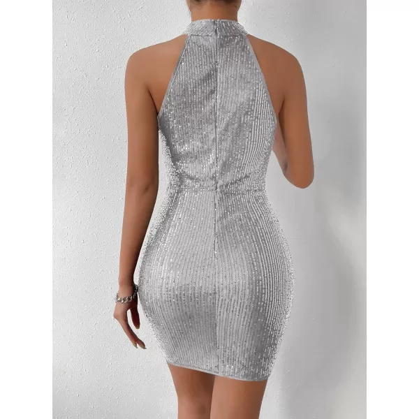WDIRARA Women's Sequin Sparkly Halter Neck Sleeveless Ruched Bodycon Party Mini Dress