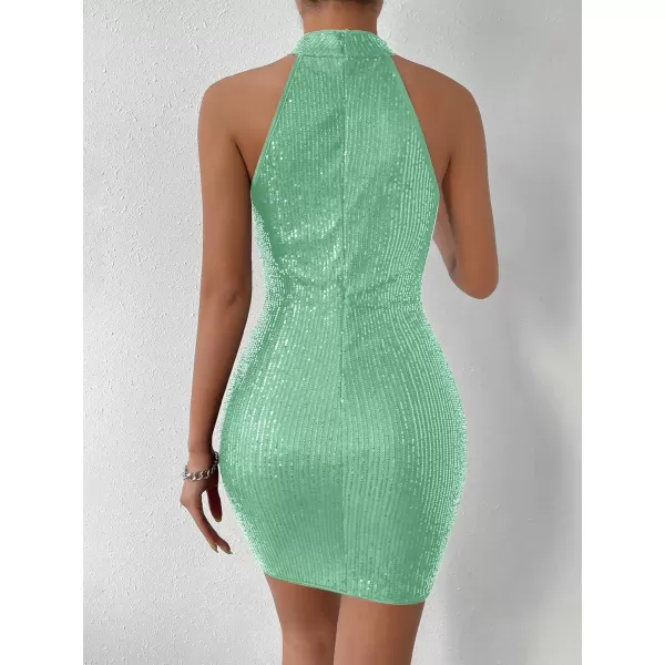 WDIRARA Women's Sequin Sparkly Halter Neck Sleeveless Ruched Bodycon Party Mini Dress