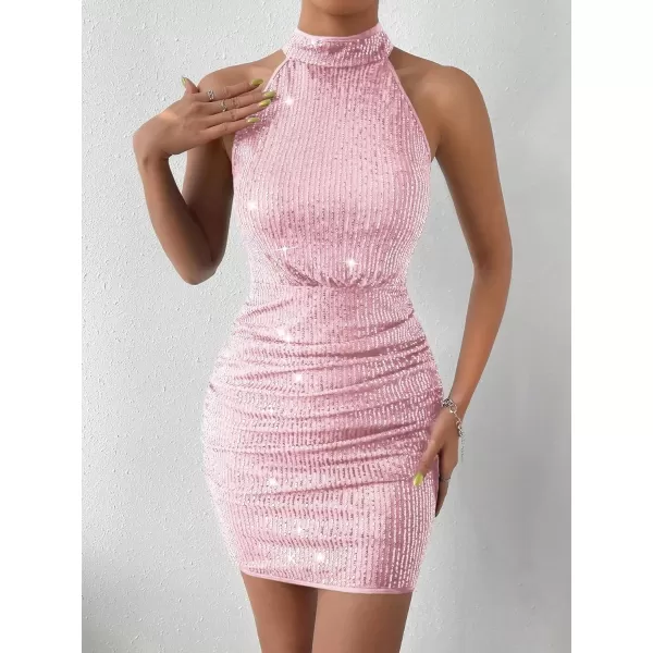 WDIRARA Women's Sequin Sparkly Halter Neck Sleeveless Ruched Bodycon Party Mini Dress