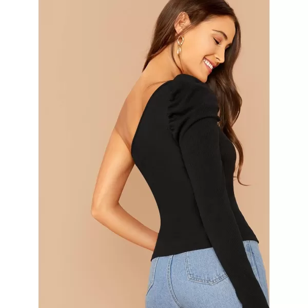 WDIRARA Women's Sexy Solid One Shoulder Cut-Out Long Sleeve Top