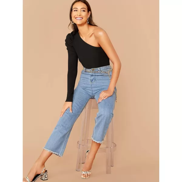 WDIRARA Women's Sexy Solid One Shoulder Cut-Out Long Sleeve Top