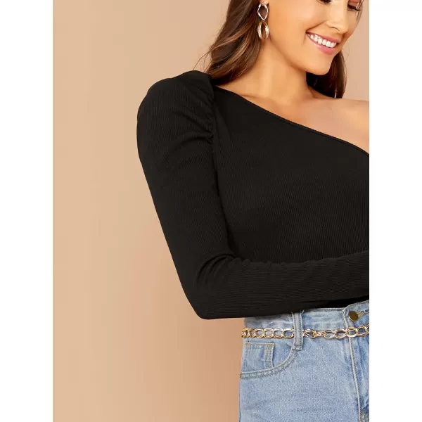 WDIRARA Women's Sexy Solid One Shoulder Cut-Out Long Sleeve Top