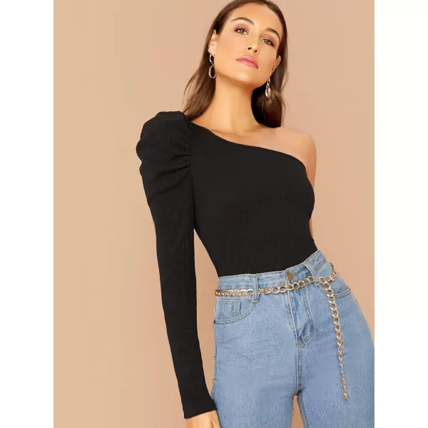 WDIRARA Women's Sexy Solid One Shoulder Cut-Out Long Sleeve Top
