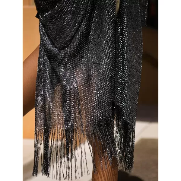 WDIRARA Women's Sheer Beach Kimono Glitter Fringe Trim Shawl Cardigan Swim Cover Up