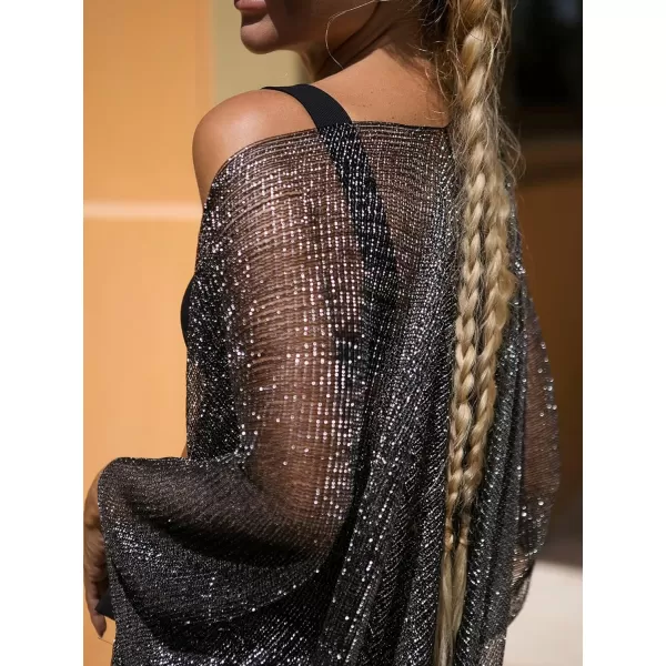 WDIRARA Women's Sheer Beach Kimono Glitter Fringe Trim Shawl Cardigan Swim Cover Up