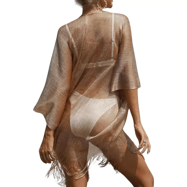 WDIRARA Women's Sheer Beach Kimono Glitter Fringe Trim Shawl Cardigan Swim Cover Up