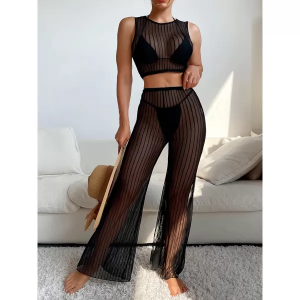 WDIRARA Women's Sheer Mesh 2 Piece Sexy Swim Cover Up Set Striped Crop Top and Flare Pants