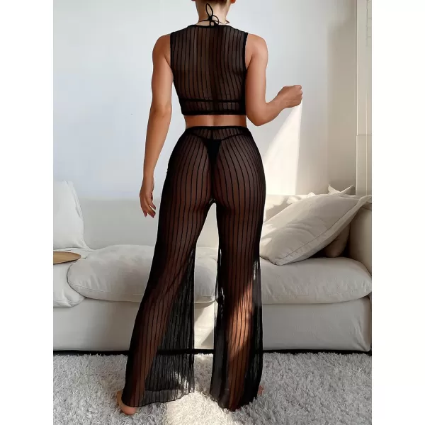 WDIRARA Women's Sheer Mesh 2 Piece Sexy Swim Cover Up Set Striped Crop Top and Flare Pants
