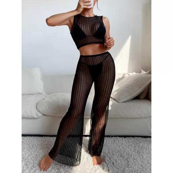 WDIRARA Women's Sheer Mesh 2 Piece Sexy Swim Cover Up Set Striped Crop Top and Flare Pants