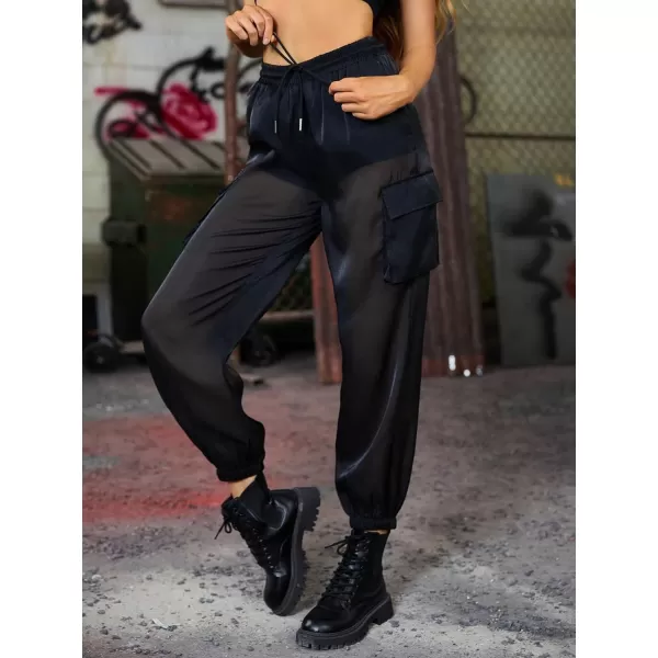 WDIRARA Women's Sheer Mesh High Waisted Straight Leg Cargo Pants with Pockets