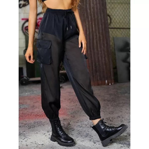 WDIRARA Women's Sheer Mesh High Waisted Straight Leg Cargo Pants with Pockets