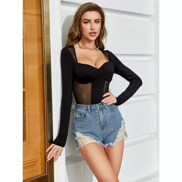 WDIRARA Women's Sheer Mesh Sweetheart Neck Long Sleeve Skinny Bodysuit Tops
