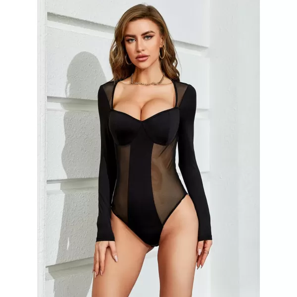 WDIRARA Women's Sheer Mesh Sweetheart Neck Long Sleeve Skinny Bodysuit Tops