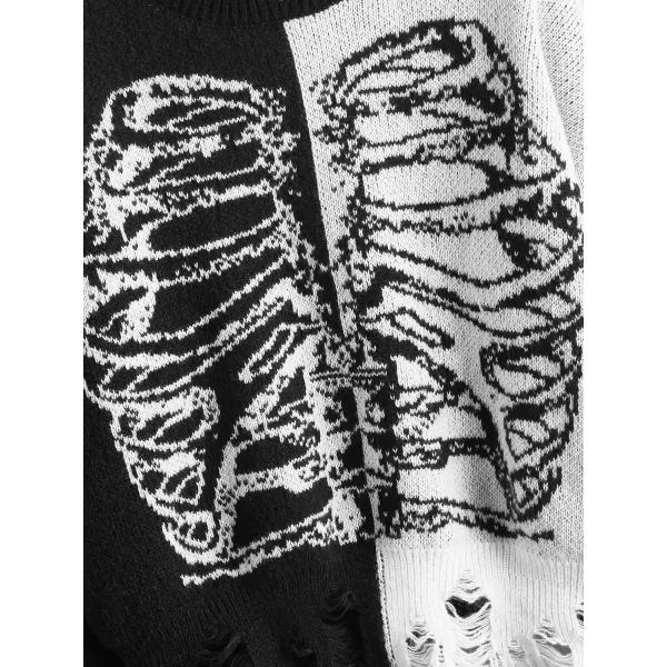 WDIRARA Women's Skeleton Patterned Distressed Long Sleeve Round Neck Pullover Sweaters