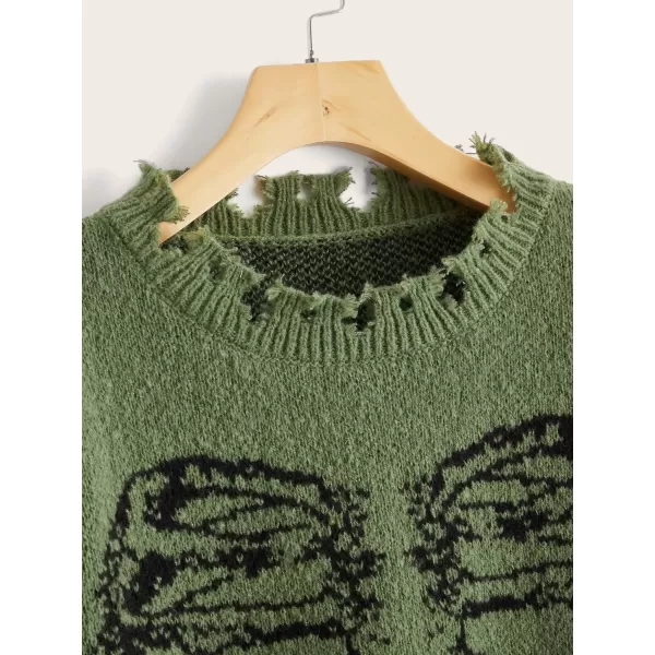 WDIRARA Women's Skeleton Patterned Distressed Long Sleeve Round Neck Pullover Sweaters