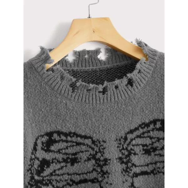 WDIRARA Women's Skeleton Patterned Distressed Long Sleeve Round Neck Pullover Sweaters