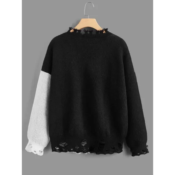 WDIRARA Women's Skeleton Patterned Distressed Long Sleeve Round Neck Pullover Sweaters