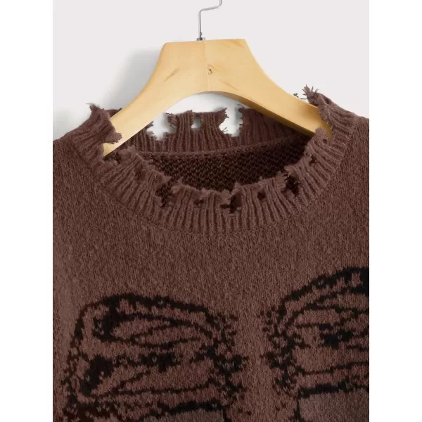 WDIRARA Women's Skeleton Patterned Distressed Long Sleeve Round Neck Pullover Sweaters