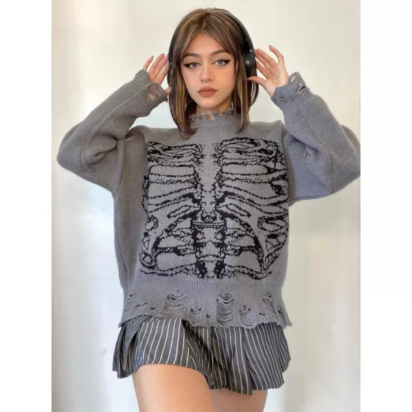WDIRARA Women's Skeleton Patterned Distressed Long Sleeve Round Neck Pullover Sweaters