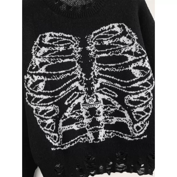 WDIRARA Women's Skeleton Patterned Distressed Long Sleeve Round Neck Pullover Sweaters