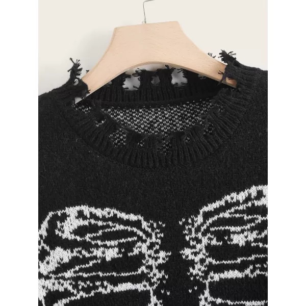 WDIRARA Women's Skeleton Patterned Distressed Long Sleeve Round Neck Pullover Sweaters