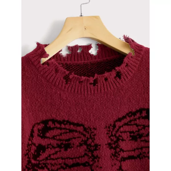 WDIRARA Women's Skeleton Patterned Distressed Long Sleeve Round Neck Pullover Sweaters