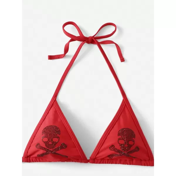 WDIRARA Women's Skull Pattern Halter Triangle Thong Sexy 2 Piece Bikini Swimsuit