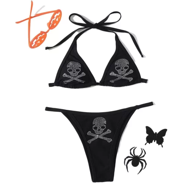 WDIRARA Women's Skull Pattern Halter Triangle Thong Sexy 2 Piece Bikini Swimsuit
