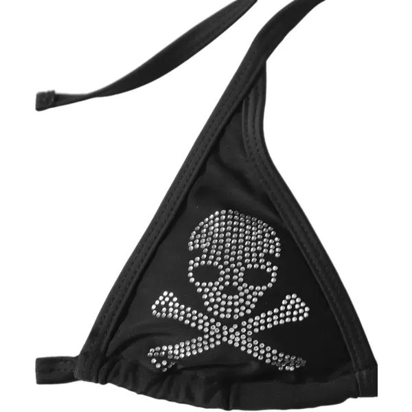 WDIRARA Women's Skull Pattern Halter Triangle Thong Sexy 2 Piece Bikini Swimsuit