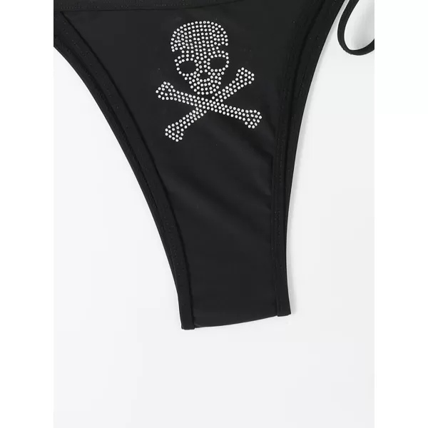 WDIRARA Women's Skull Pattern Halter Triangle Thong Sexy 2 Piece Bikini Swimsuit