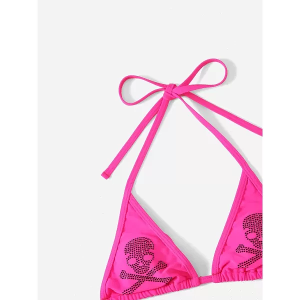 WDIRARA Women's Skull Pattern Halter Triangle Thong Sexy 2 Piece Bikini Swimsuit