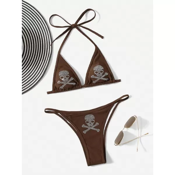WDIRARA Women's Skull Pattern Halter Triangle Thong Sexy 2 Piece Bikini Swimsuit