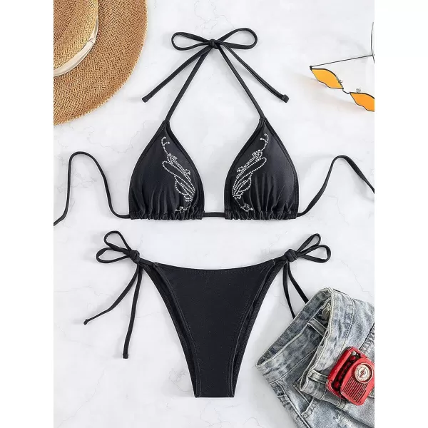 WDIRARA Women's Skull Pattern Halter Triangle Thong Sexy 2 Piece Bikini Swimsuit