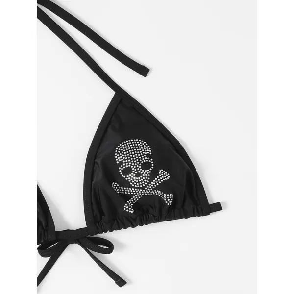 WDIRARA Women's Skull Pattern Halter Triangle Thong Sexy 2 Piece Bikini Swimsuit
