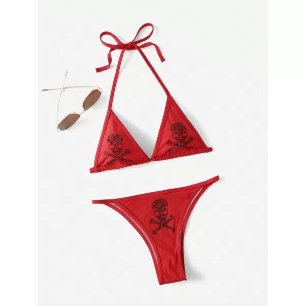 WDIRARA Women's Skull Pattern Halter Triangle Thong Sexy 2 Piece Bikini Swimsuit