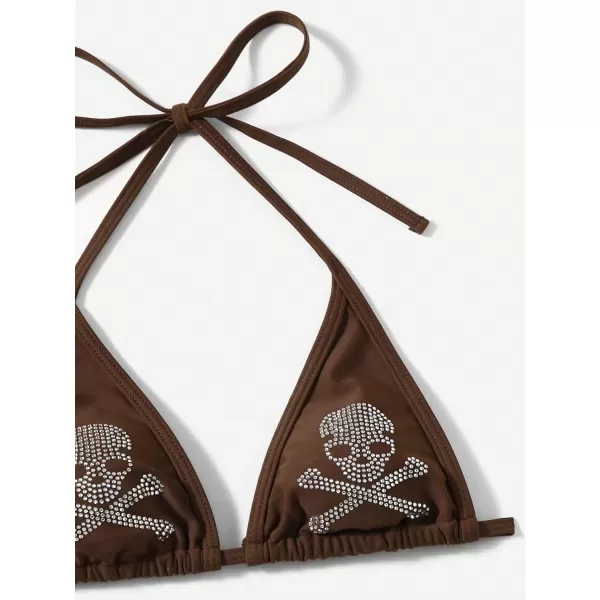WDIRARA Women's Skull Pattern Halter Triangle Thong Sexy 2 Piece Bikini Swimsuit