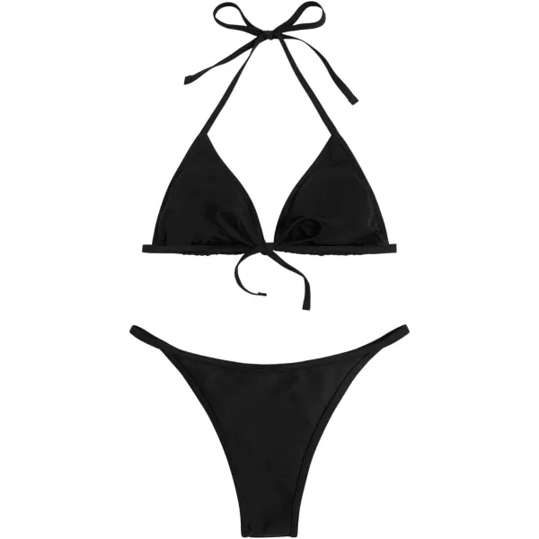 WDIRARA Women's Skull Pattern Halter Triangle Thong Sexy 2 Piece Bikini Swimsuit