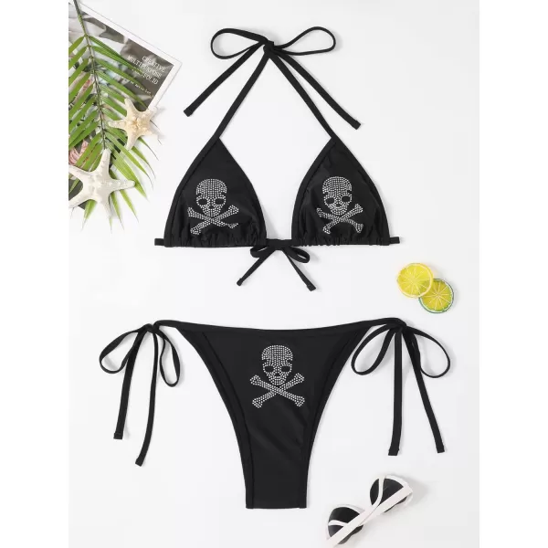 WDIRARA Women's Skull Pattern Halter Triangle Thong Sexy 2 Piece Bikini Swimsuit