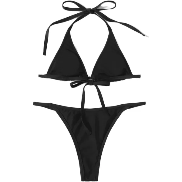 WDIRARA Women's Skull Pattern Halter Triangle Thong Sexy 2 Piece Bikini Swimsuit