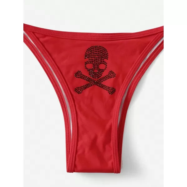 WDIRARA Women's Skull Pattern Halter Triangle Thong Sexy 2 Piece Bikini Swimsuit