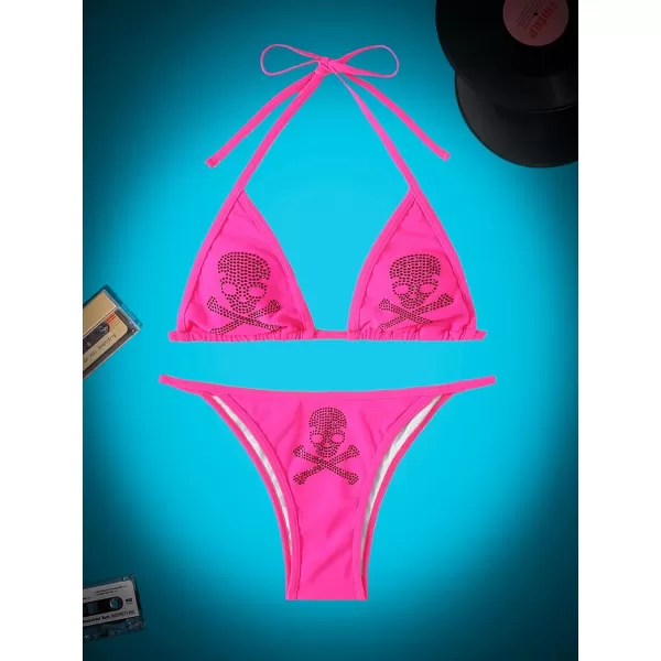 WDIRARA Women's Skull Pattern Halter Triangle Thong Sexy 2 Piece Bikini Swimsuit