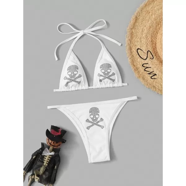 WDIRARA Women's Skull Pattern Halter Triangle Thong Sexy 2 Piece Bikini Swimsuit