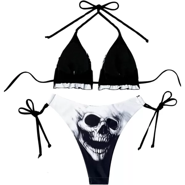WDIRARA Women's Skull Pattern Halter Triangle Thong Sexy 2 Piece Bikini Swimsuit