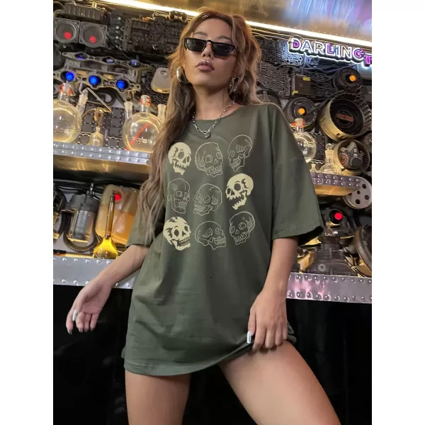 WDIRARA Women's Skull Print Half Sleeve Drop Shoulder Oversized Tee Casual T Shirts