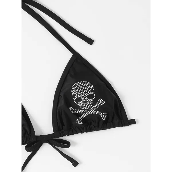 WDIRARA Women's Skull Rhinestone Triangle Halter Tie 3 Piece Metallic Swimsuit and Wrap Skirt