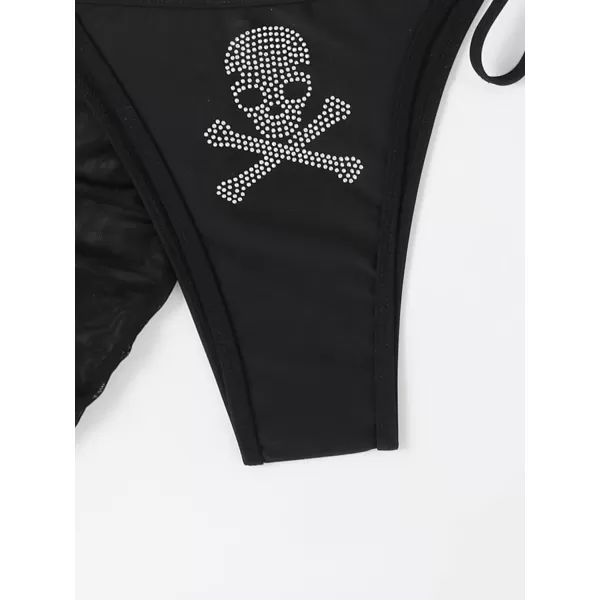 WDIRARA Women's Skull Rhinestone Triangle Halter Tie 3 Piece Metallic Swimsuit and Wrap Skirt