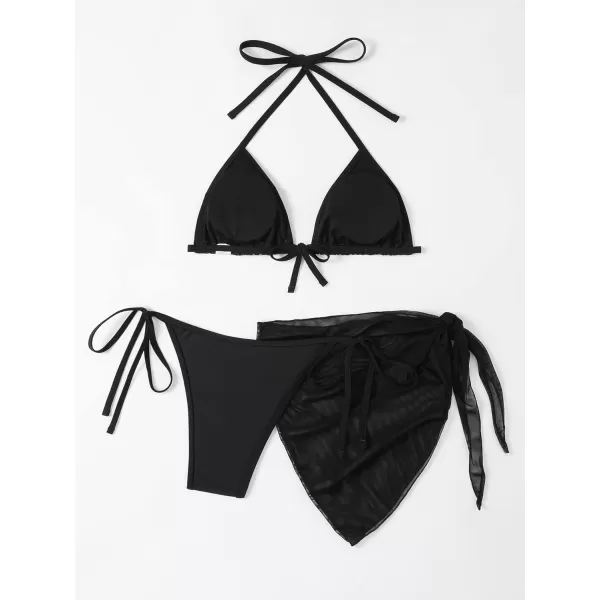WDIRARA Women's Skull Rhinestone Triangle Halter Tie 3 Piece Metallic Swimsuit and Wrap Skirt