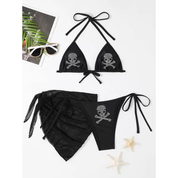 WDIRARA Women's Skull Rhinestone Triangle Halter Tie 3 Piece Metallic Swimsuit and Wrap Skirt