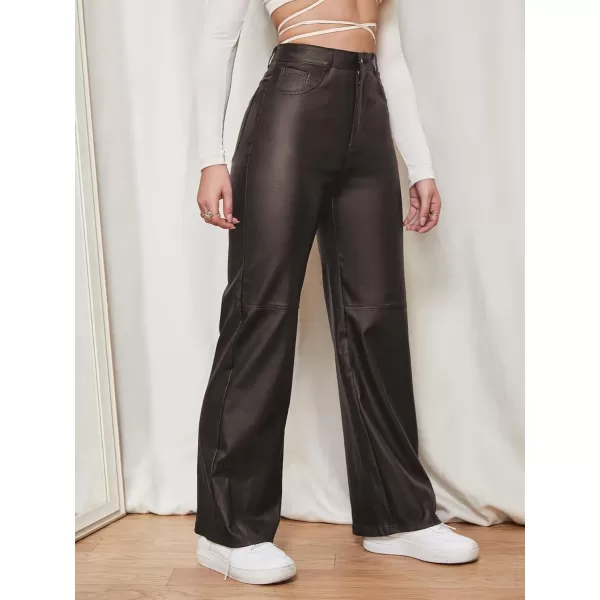WDIRARA Women's Slant Pocket Straight Leg High Stretch Jeans Leather Look Long Pants